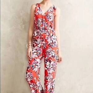 Anthropologie Yumi Kim Daffney red Silk floral Jumpsuit size medium
